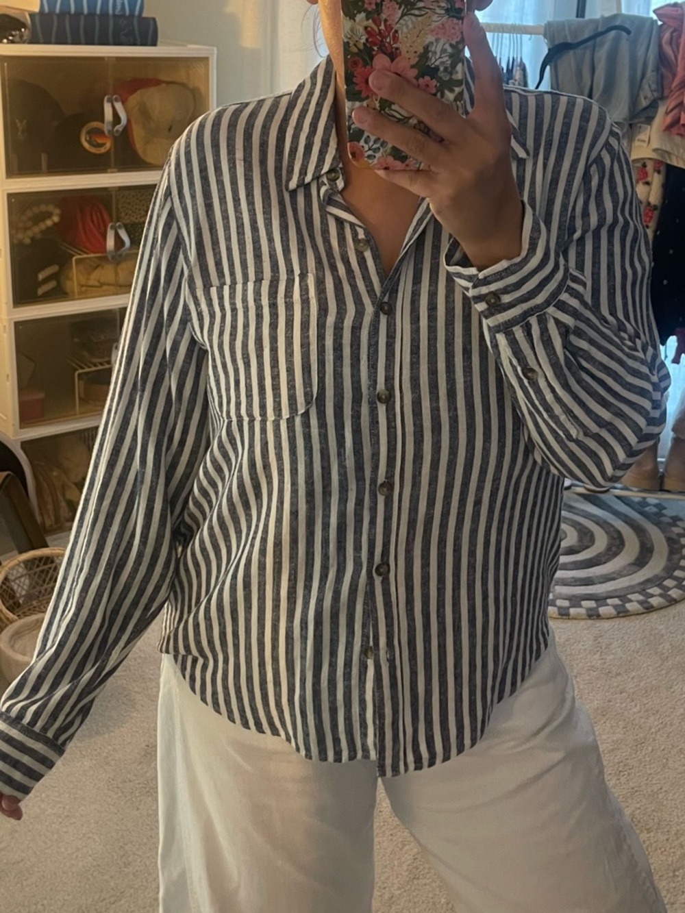 Universal Thread Navy and White Striped Button-Up Shirt